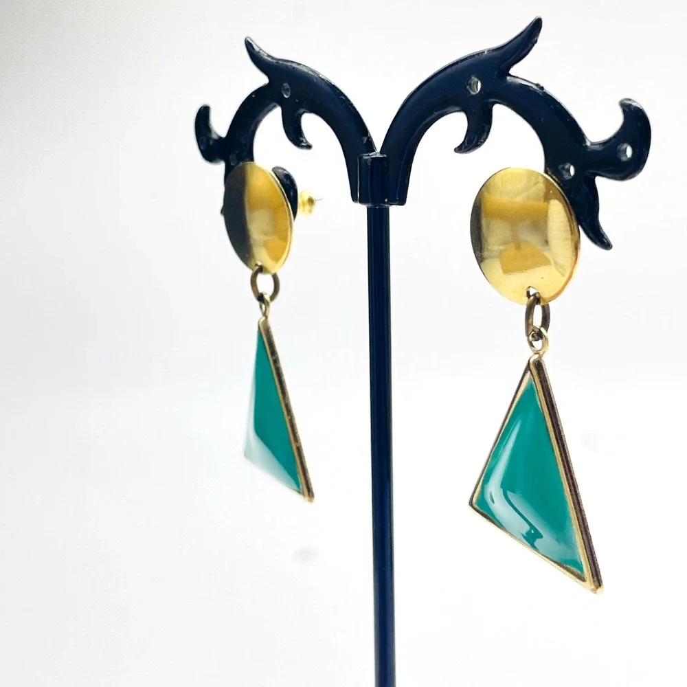 Vintage Pierced Dangle Earrings Green Triangle Bead Gold Tone Geometric Drop
